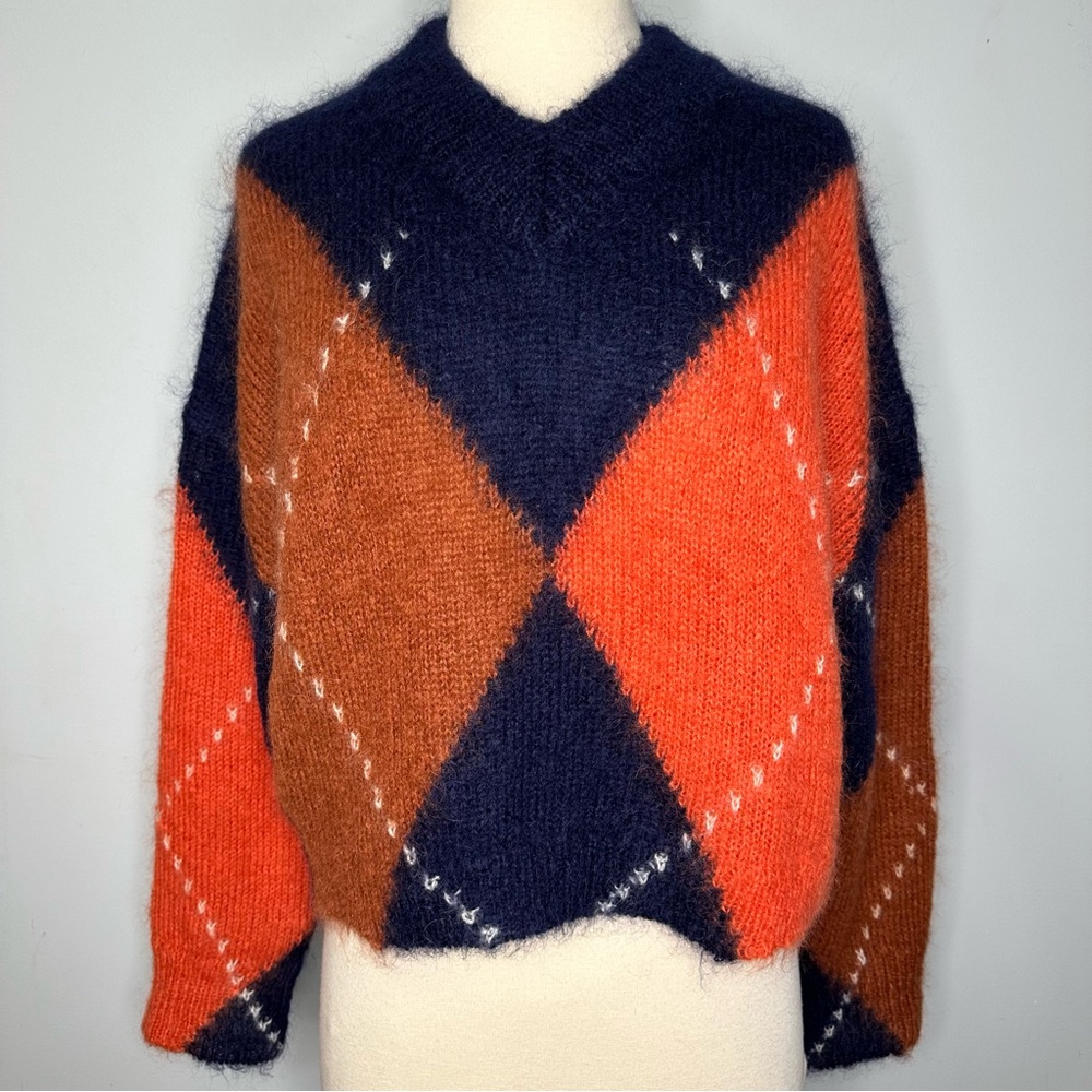 COS Women’s Navy Cropped Mohair Argyle Pullover Sweater Size S - Picture 4 of 12